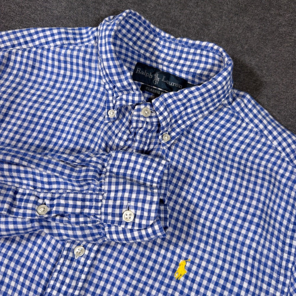 Ralph Lauren Button Down Shirt Mens M Blue Gingham Linen Classic Fit Long Sleeve